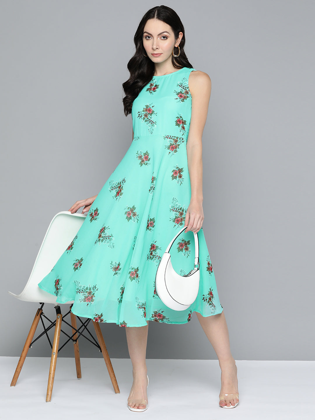 Women's Floral Print Georgette A-Line Midi Dress - Taantav