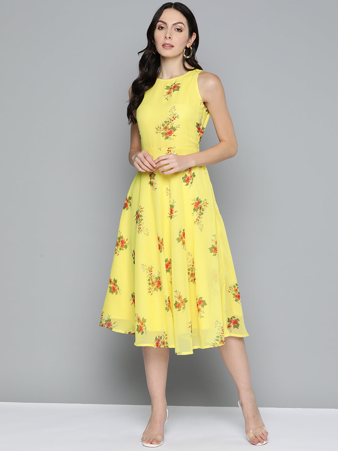 Women's Floral Print Georgette A-Line Midi Dress - Taantav