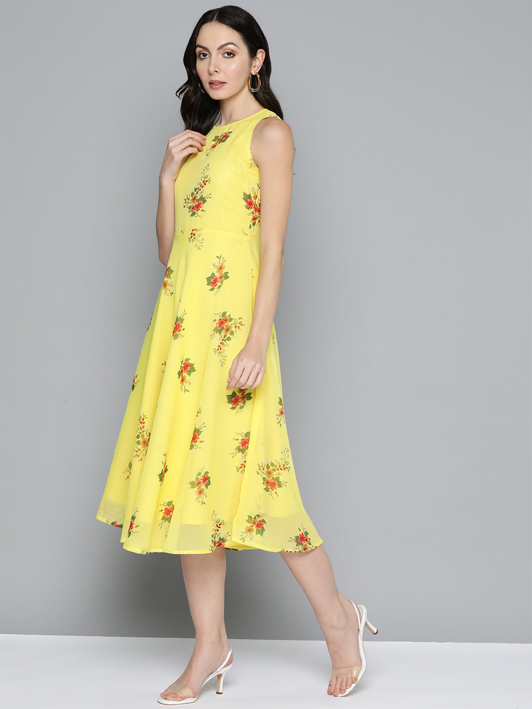 Women's Floral Print Georgette A-Line Midi Dress - Taantav