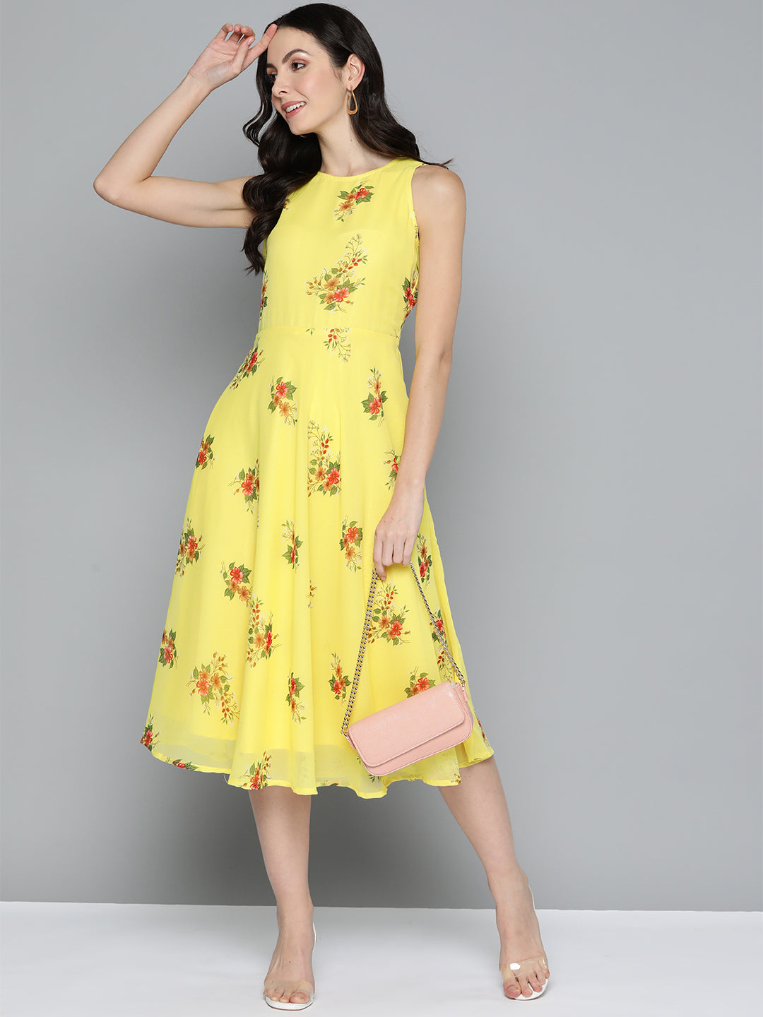 Women's Floral Print Georgette A-Line Midi Dress - Taantav