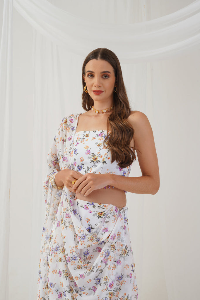 Women's White Printed Beads & Stones Ready to Wear Lehenga & Blouse With Dupatta