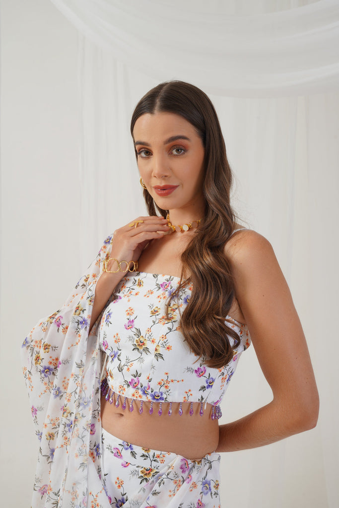 Women's White Printed Beads & Stones Ready to Wear Lehenga & Blouse With Dupatta