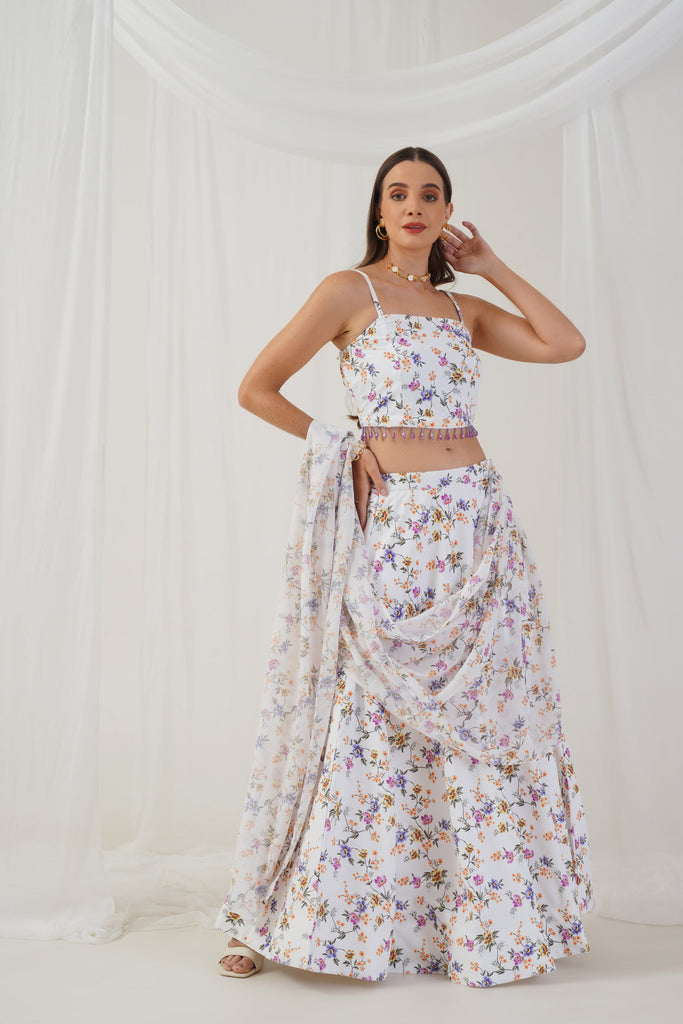 Women's White Printed Beads & Stones Ready to Wear Lehenga & Blouse With Dupatta