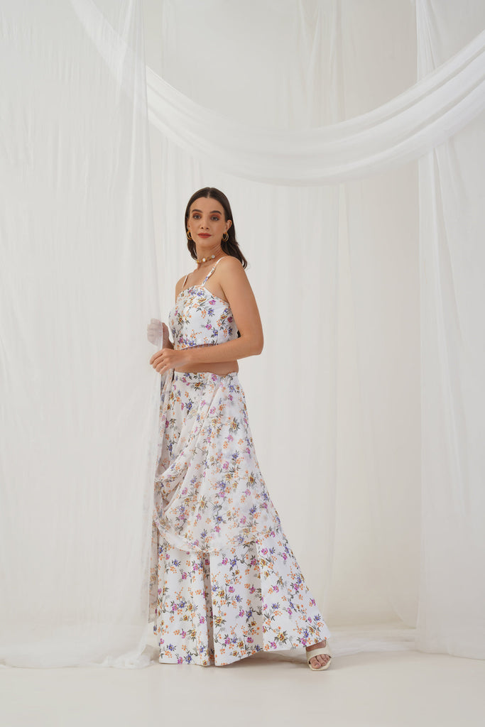 Women's White Printed Beads & Stones Ready to Wear Lehenga & Blouse With Dupatta