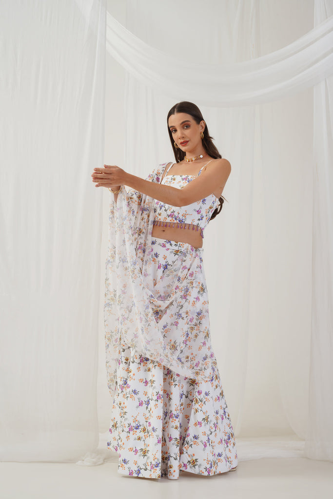 Women's White Printed Beads & Stones Ready to Wear Lehenga & Blouse With Dupatta