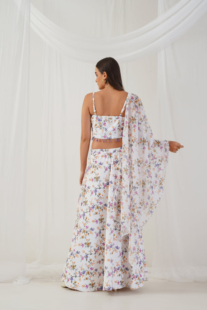 Women's White Printed Beads & Stones Ready to Wear Lehenga & Blouse With Dupatta