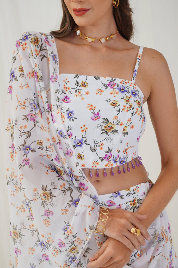 Women's White Printed Beads & Stones Ready to Wear Lehenga & Blouse With Dupatta