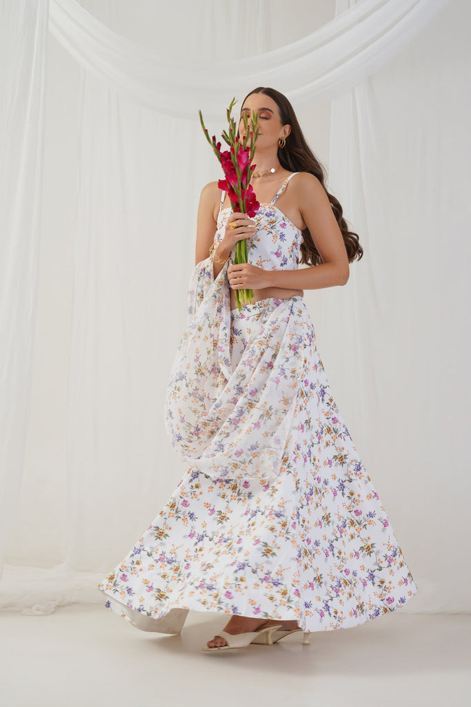 Women's White Printed Beads & Stones Ready to Wear Lehenga & Blouse With Dupatta