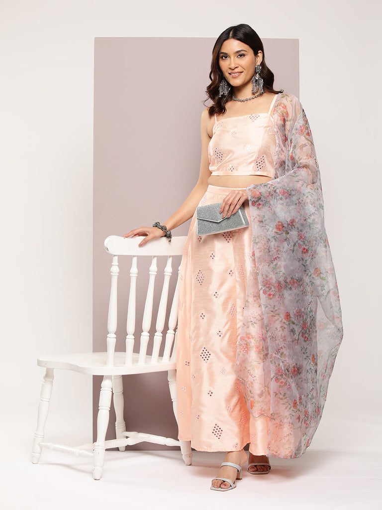 Women's Mirror Work Lehenga Choli With printed Organza dupatta