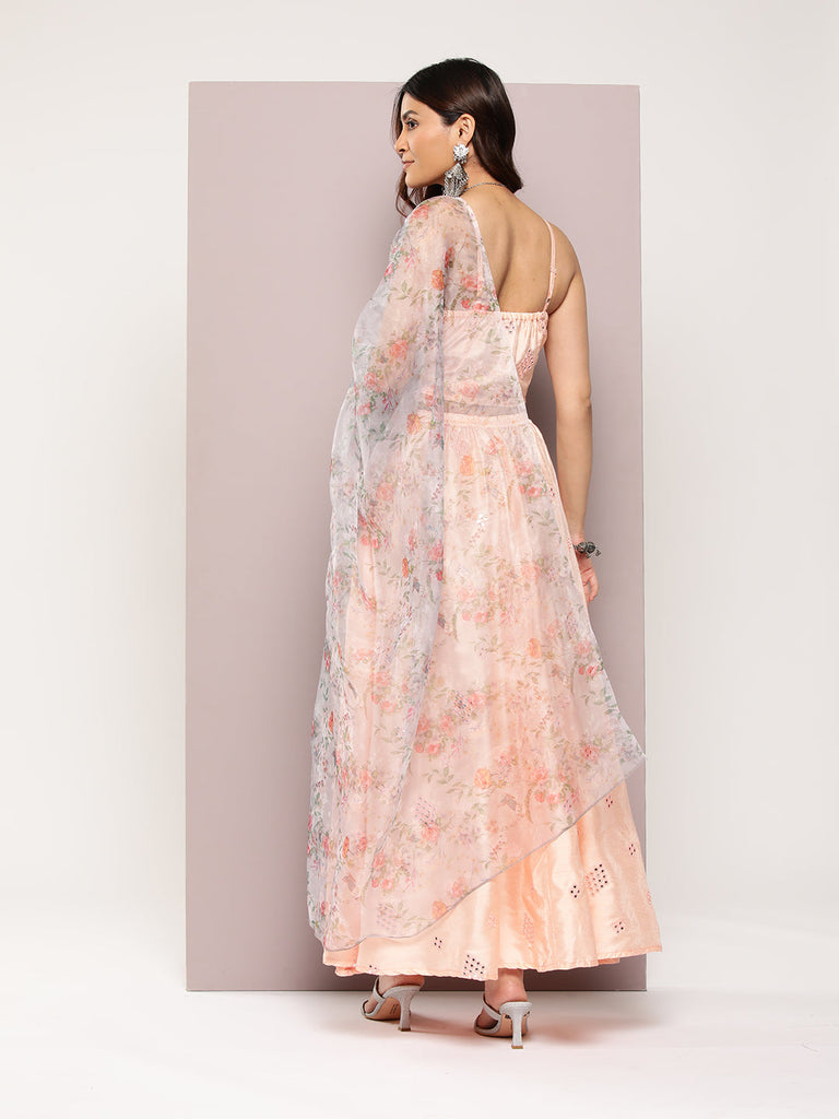 Women's Mirror Work Lehenga Choli With printed Organza dupatta