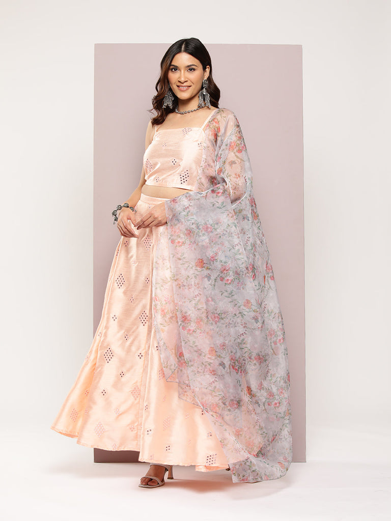 Women's Mirror Work Lehenga Choli With printed Organza dupatta