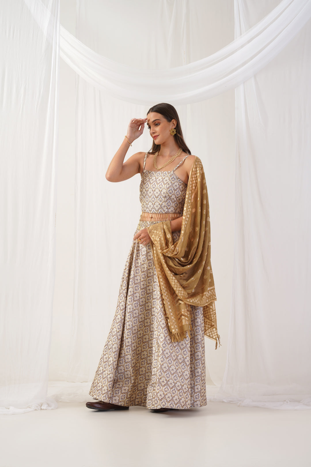 Women's Ivory Jacquard Beads & Stones Ready to Wear Lehenga & Blouse With Dupatta - Taantav