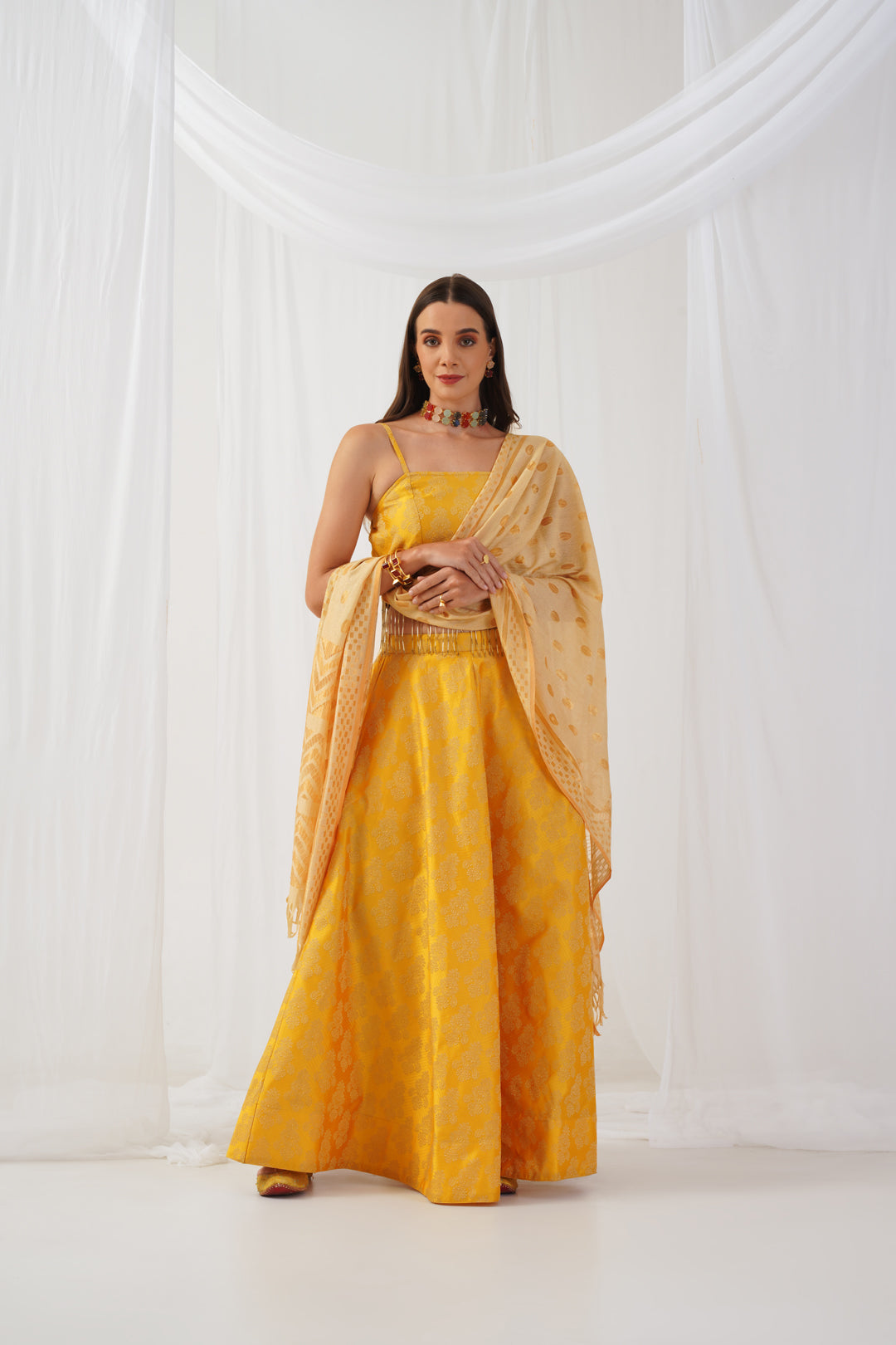 Women's Yellow Beads & Stones Ready to Wear Lehenga & Blouse With Dupatta - Taantav