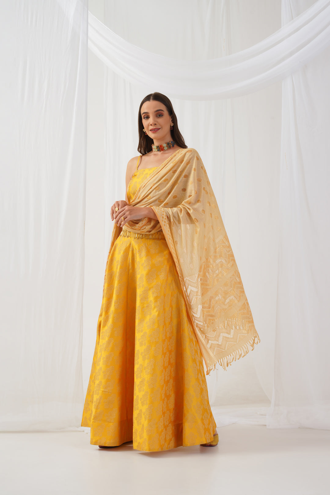 Women's Yellow Beads & Stones Ready to Wear Lehenga & Blouse With Dupatta - Taantav