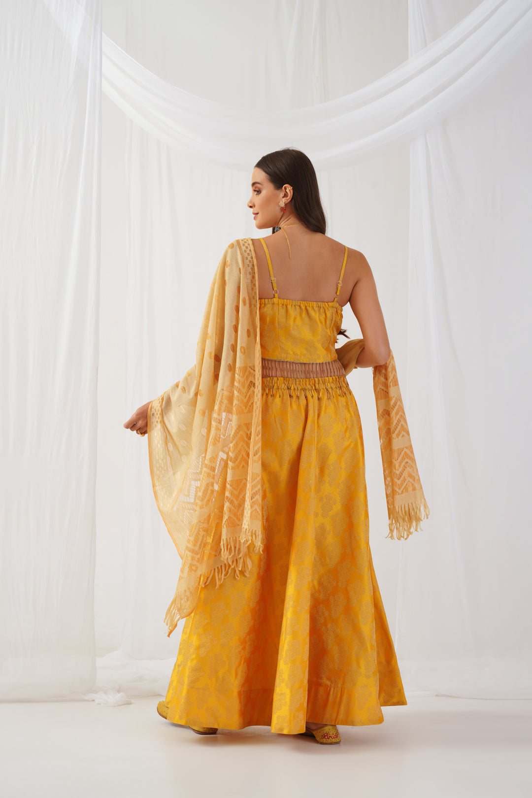 Women's Yellow Beads & Stones Ready to Wear Lehenga & Blouse With Dupatta - Taantav