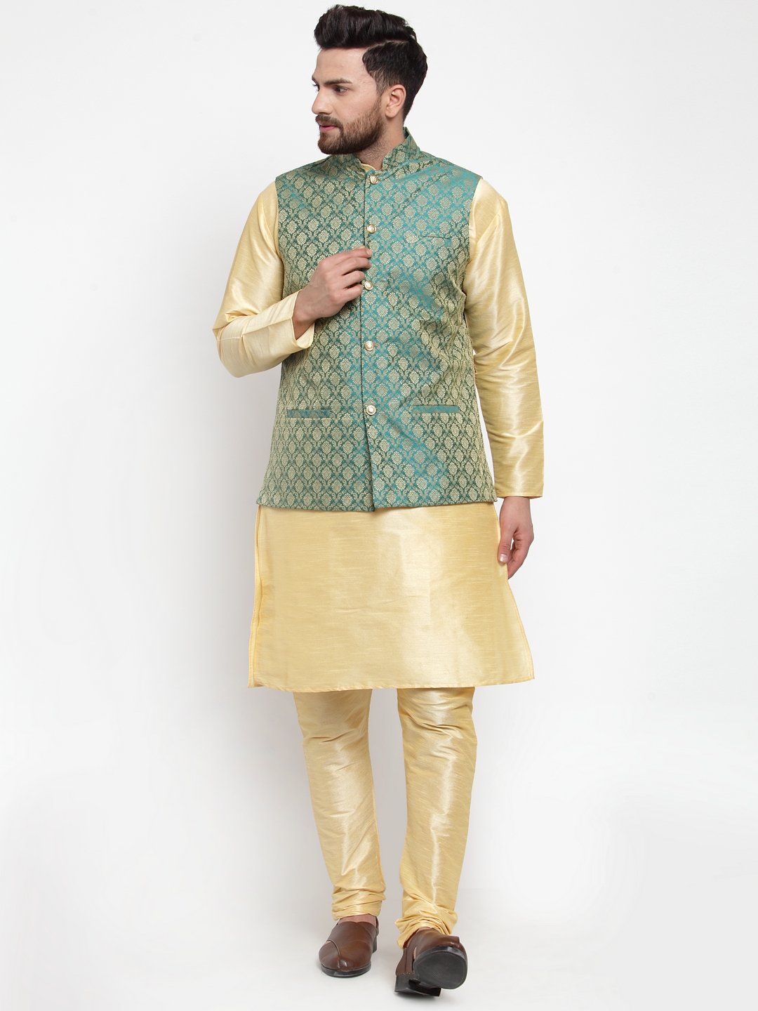 Men's Green-Coloured & Golden Woven Design Nehru Jacket ( JOWC 4005 Green) - Virat Fashions USA
