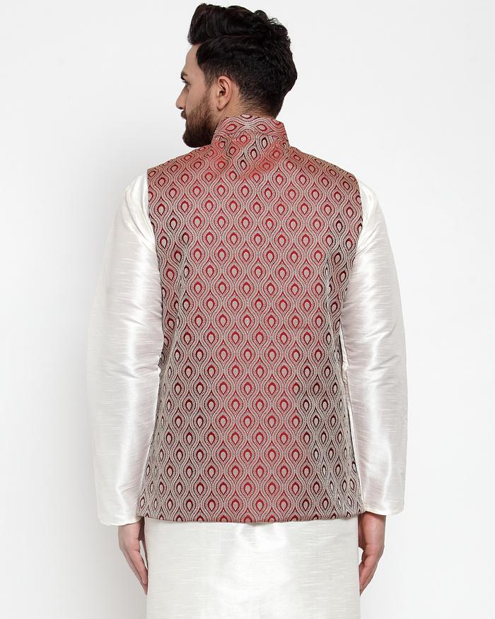 Men's Maroon Woven Design Nehru Jacket ( JOWC 4006 Maroon) - Virat Fashions USA