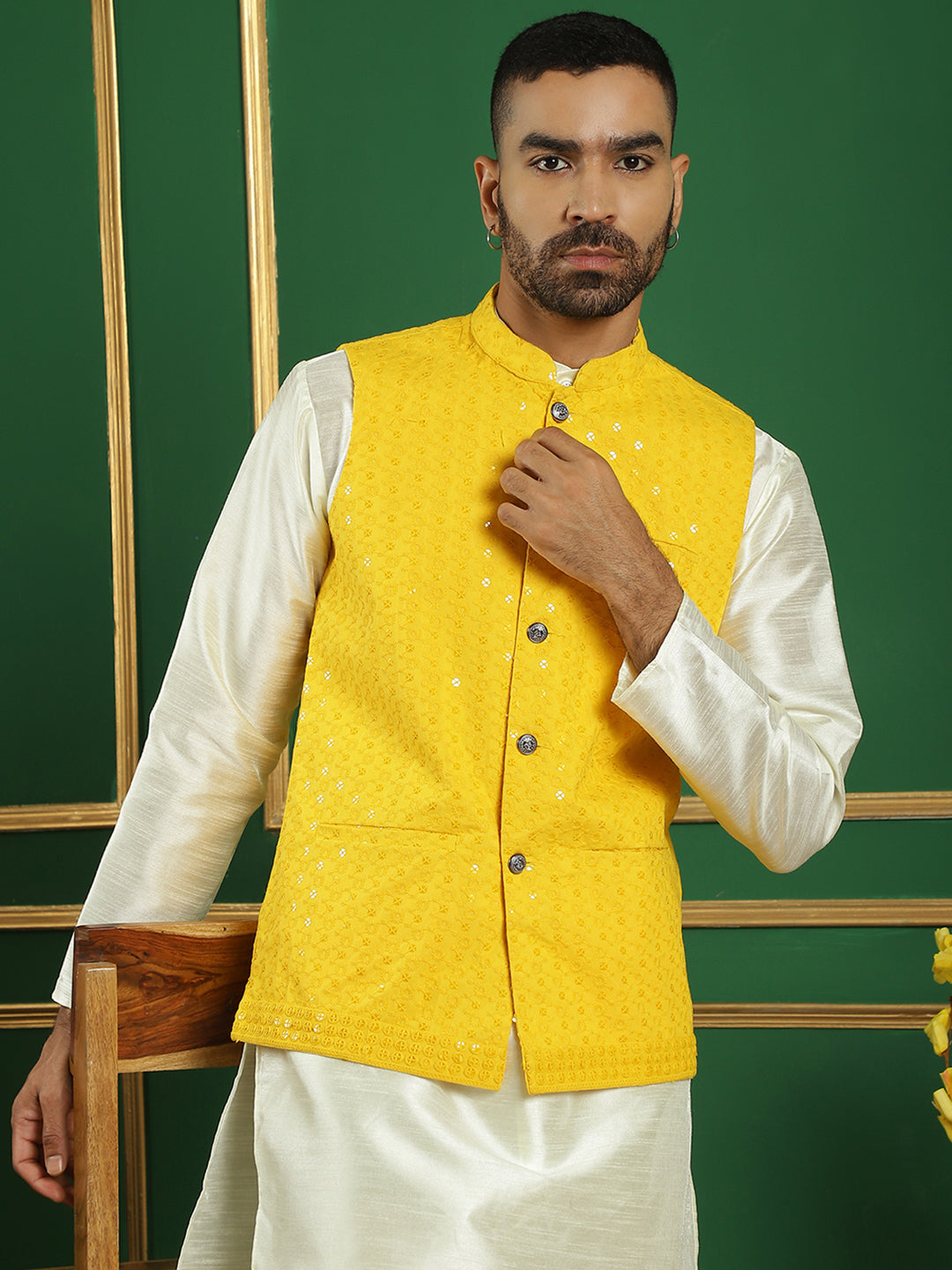 Men's Yellow Sequins and Embroidered Nehru Jacket - Taantav