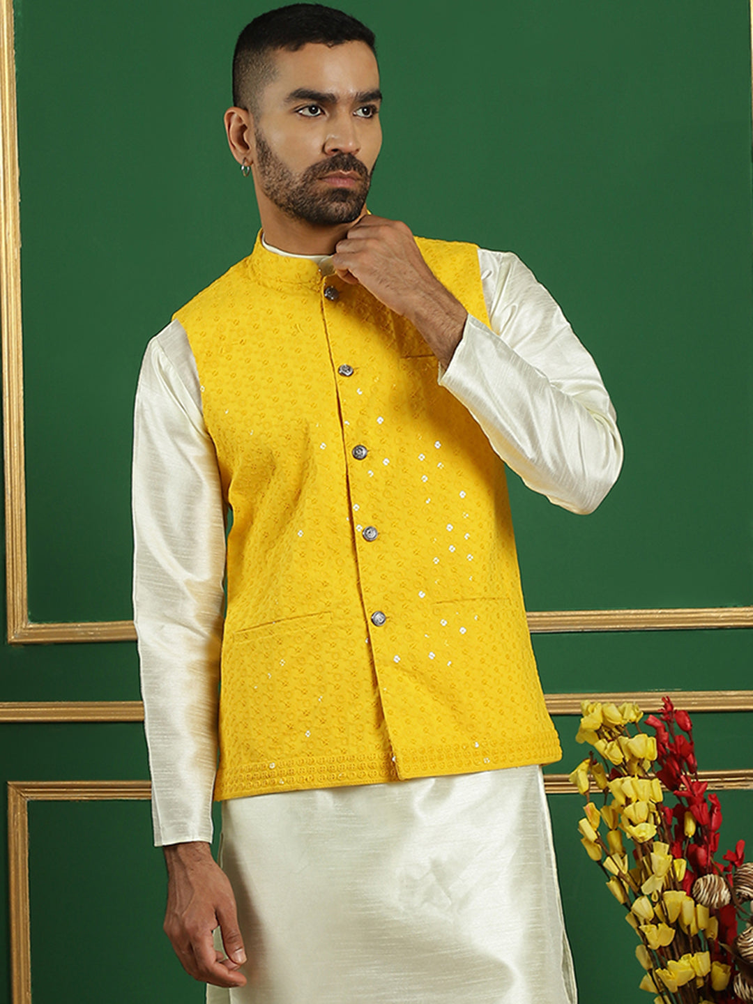 Men's Yellow Sequins and Embroidered Nehru Jacket - Taantav