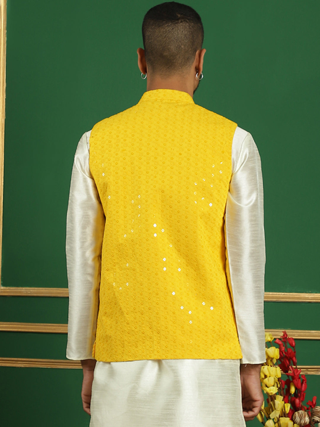 Men's Yellow Sequins and Embroidered Nehru Jacket - Taantav