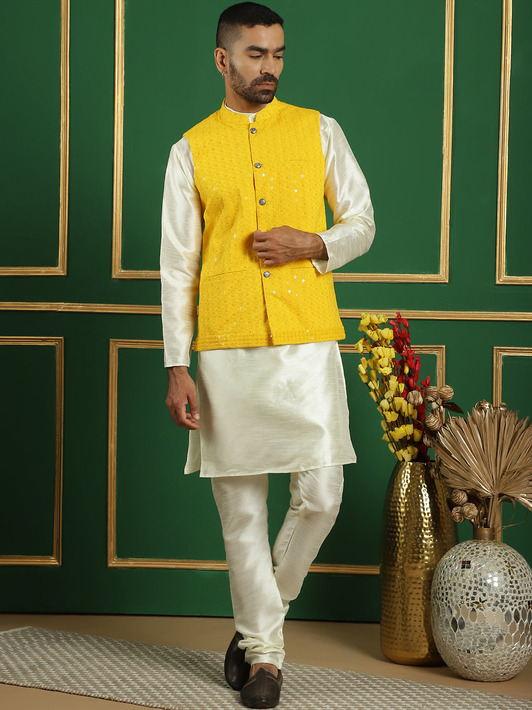 Men's Yellow Sequins and Embroidered Nehru Jacket - Taantav