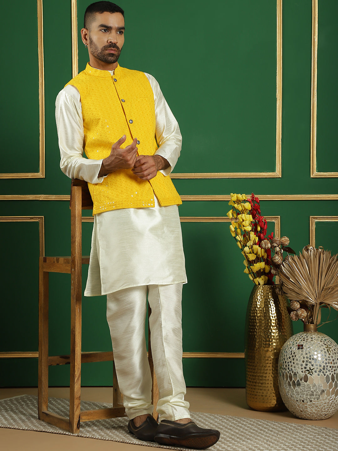 Men's Yellow Sequins and Embroidered Nehru Jacket - Taantav