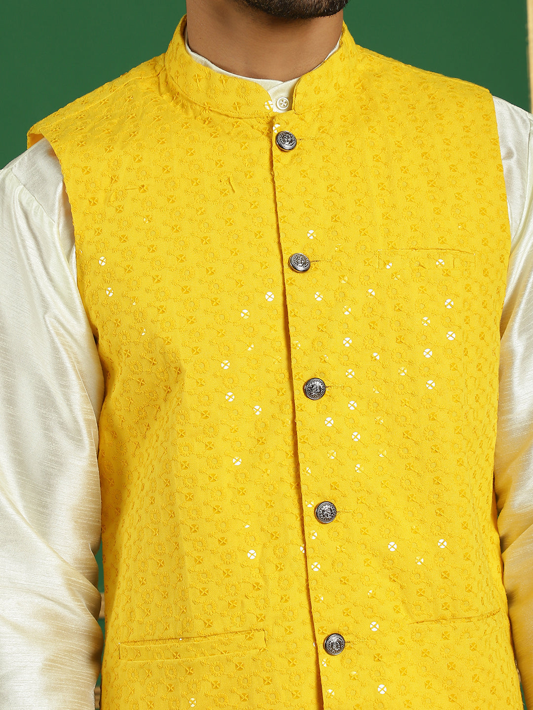 Men's Yellow Sequins and Embroidered Nehru Jacket - Taantav