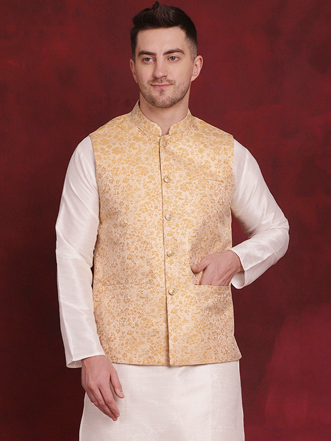 Men's Golden Woven Design Nehru Jacket - Taantav