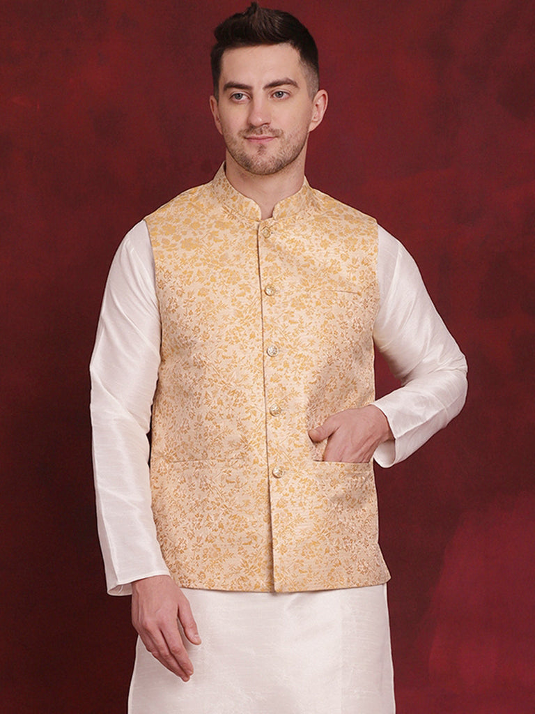 Men's Golden Woven Design Nehru Jacket