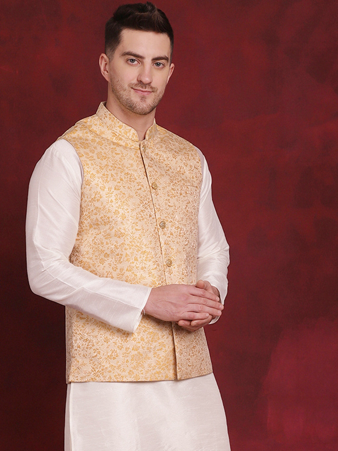 Men's Golden Woven Design Nehru Jacket - Taantav