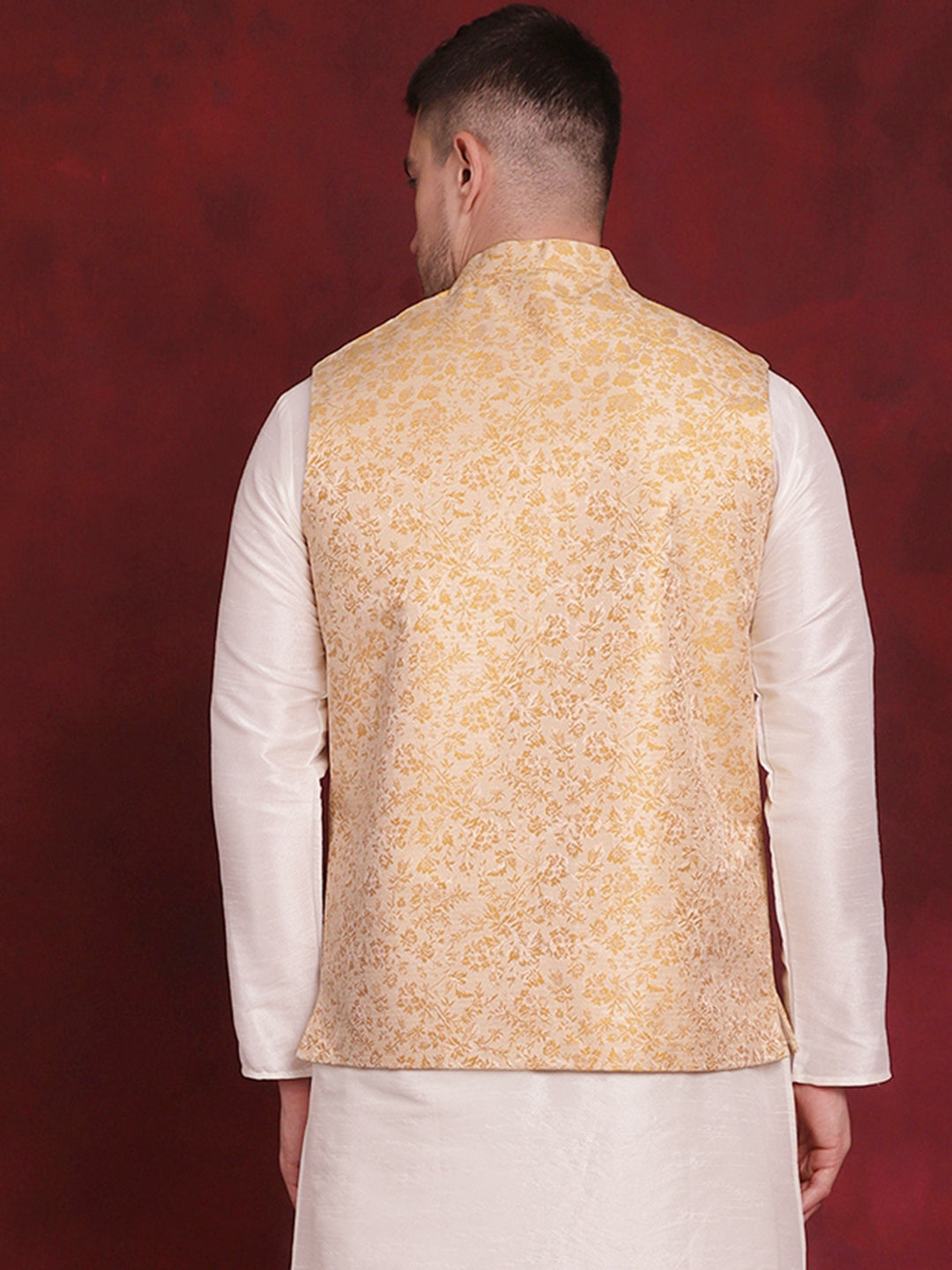 Men's Golden Woven Design Nehru Jacket - Taantav