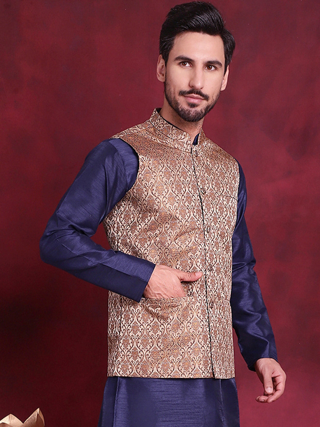 Men's Woven Design Nehru Jacket - Taantav