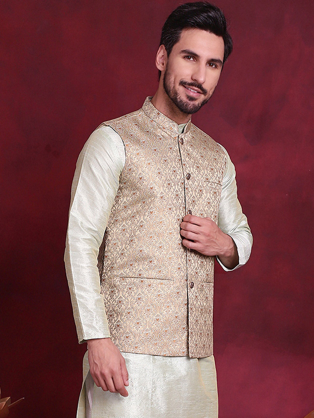 Men's Woven Design Nehru Jacket - Taantav