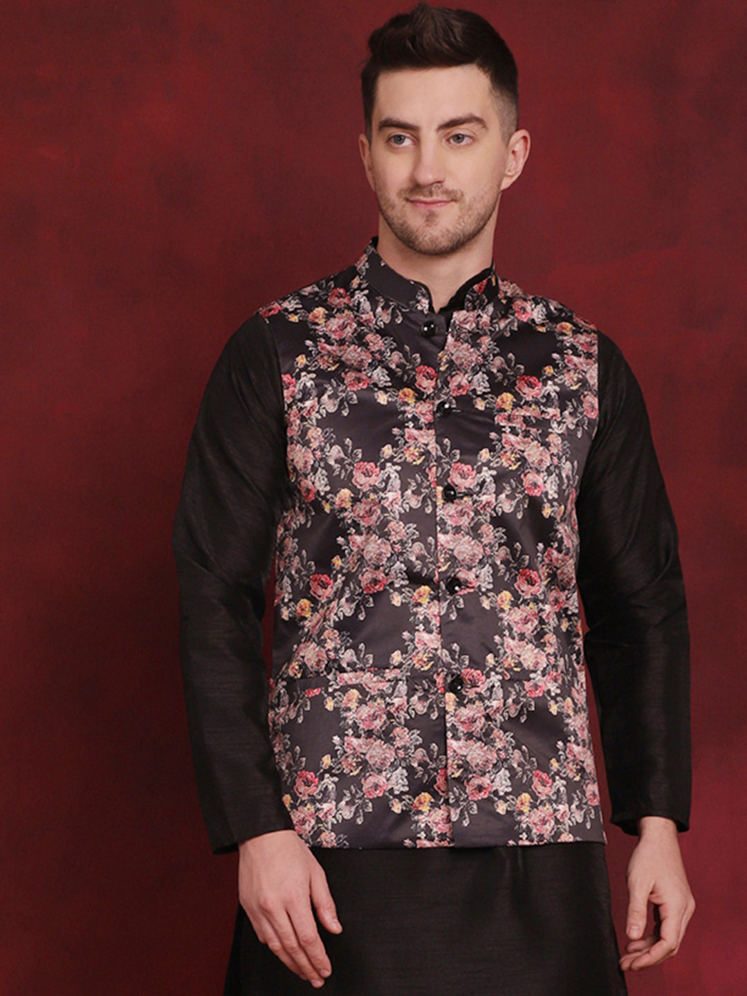 Men's Floral Printed Nehru Jacket - Taantav