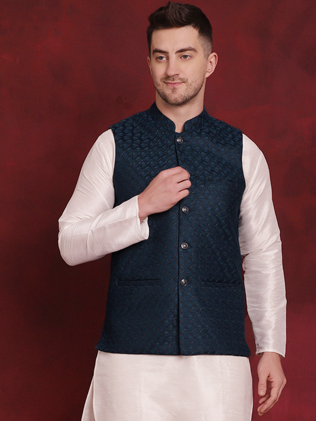 Men's Blue Woven Design Nehru Jacket - Taantav