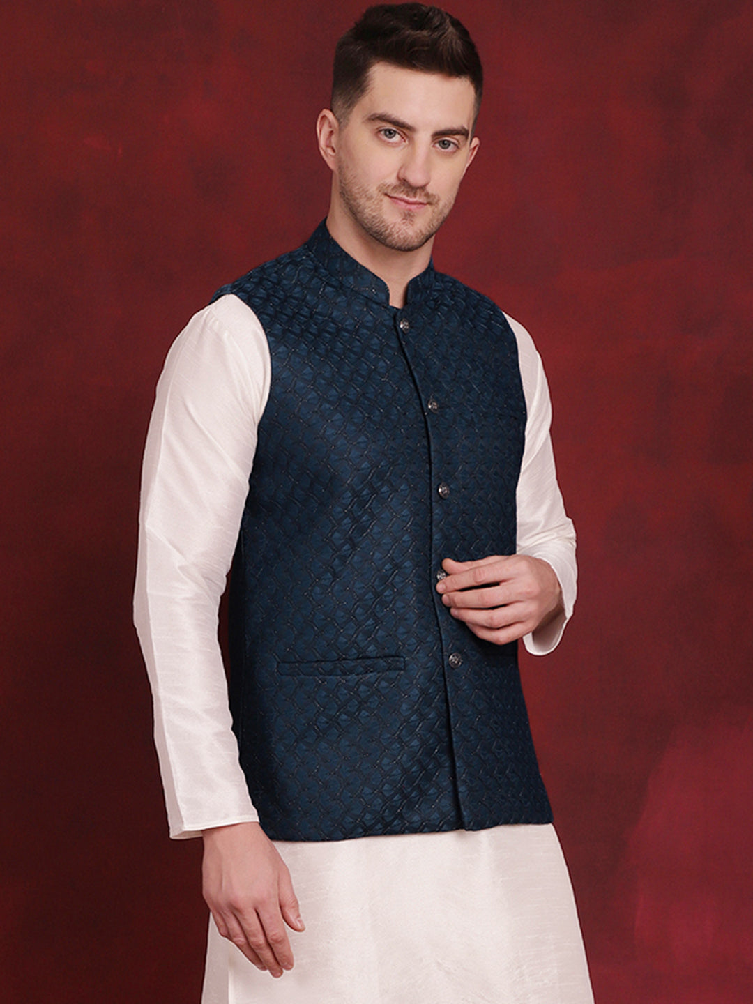 Men's Blue Woven Design Nehru Jacket - Taantav