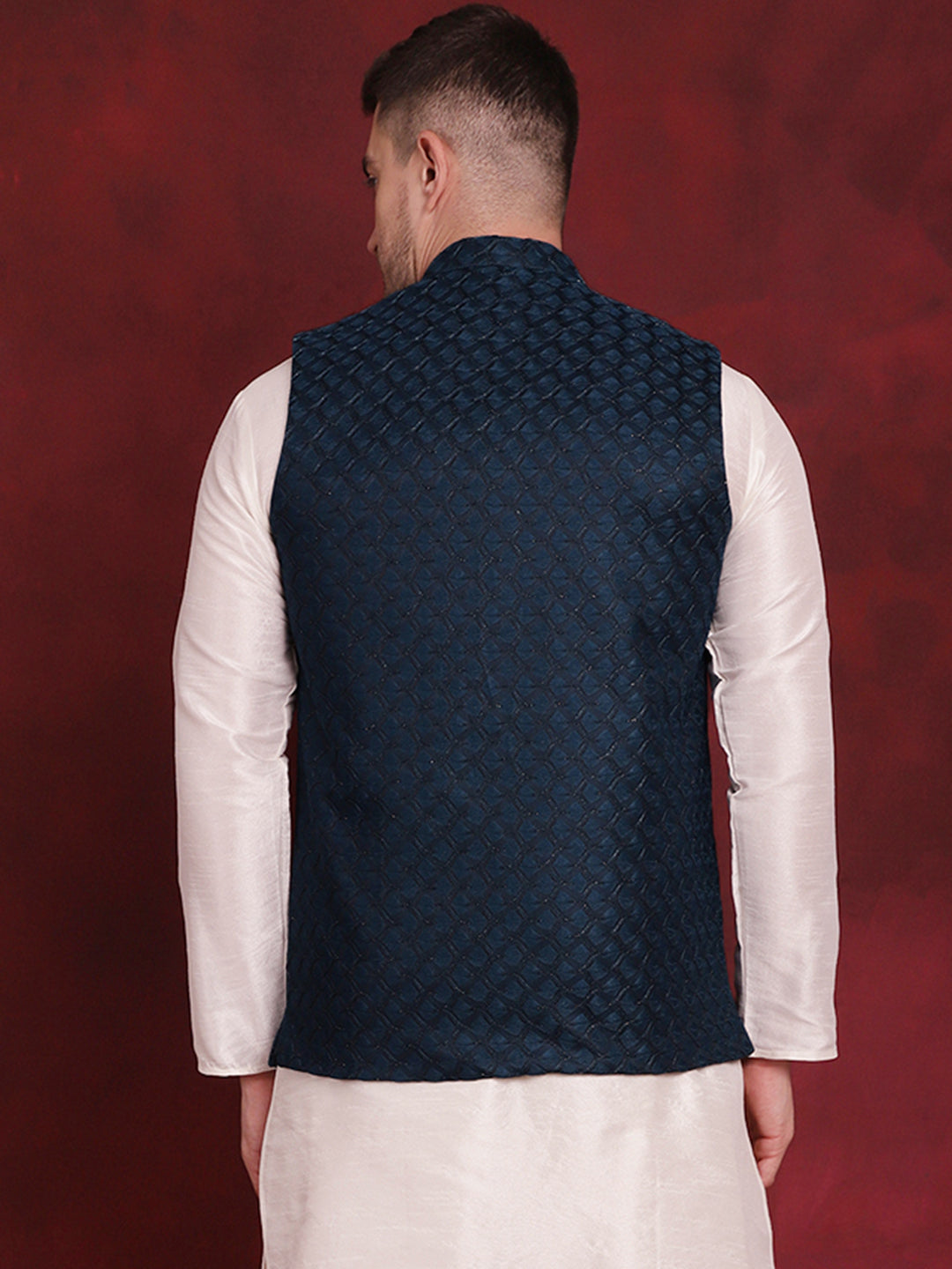 Men's Blue Woven Design Nehru Jacket - Taantav