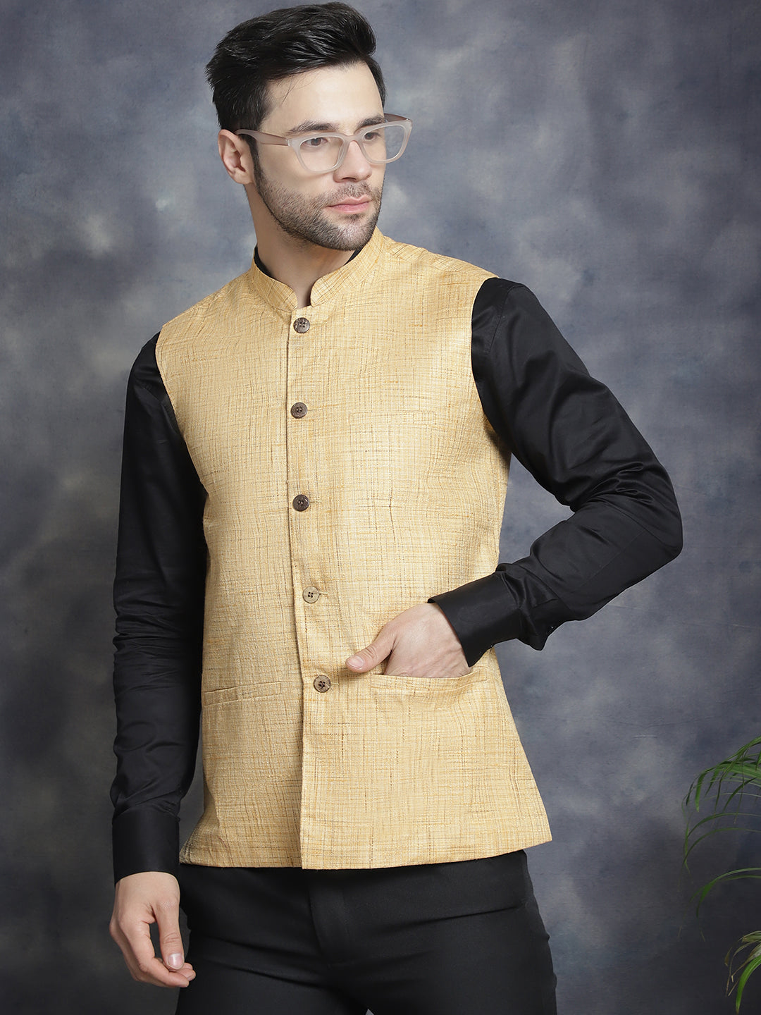 Men's Woven Design Nehru Jacket - Taantav