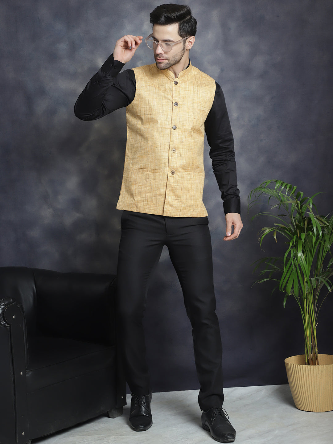 Men's Woven Design Nehru Jacket - Taantav