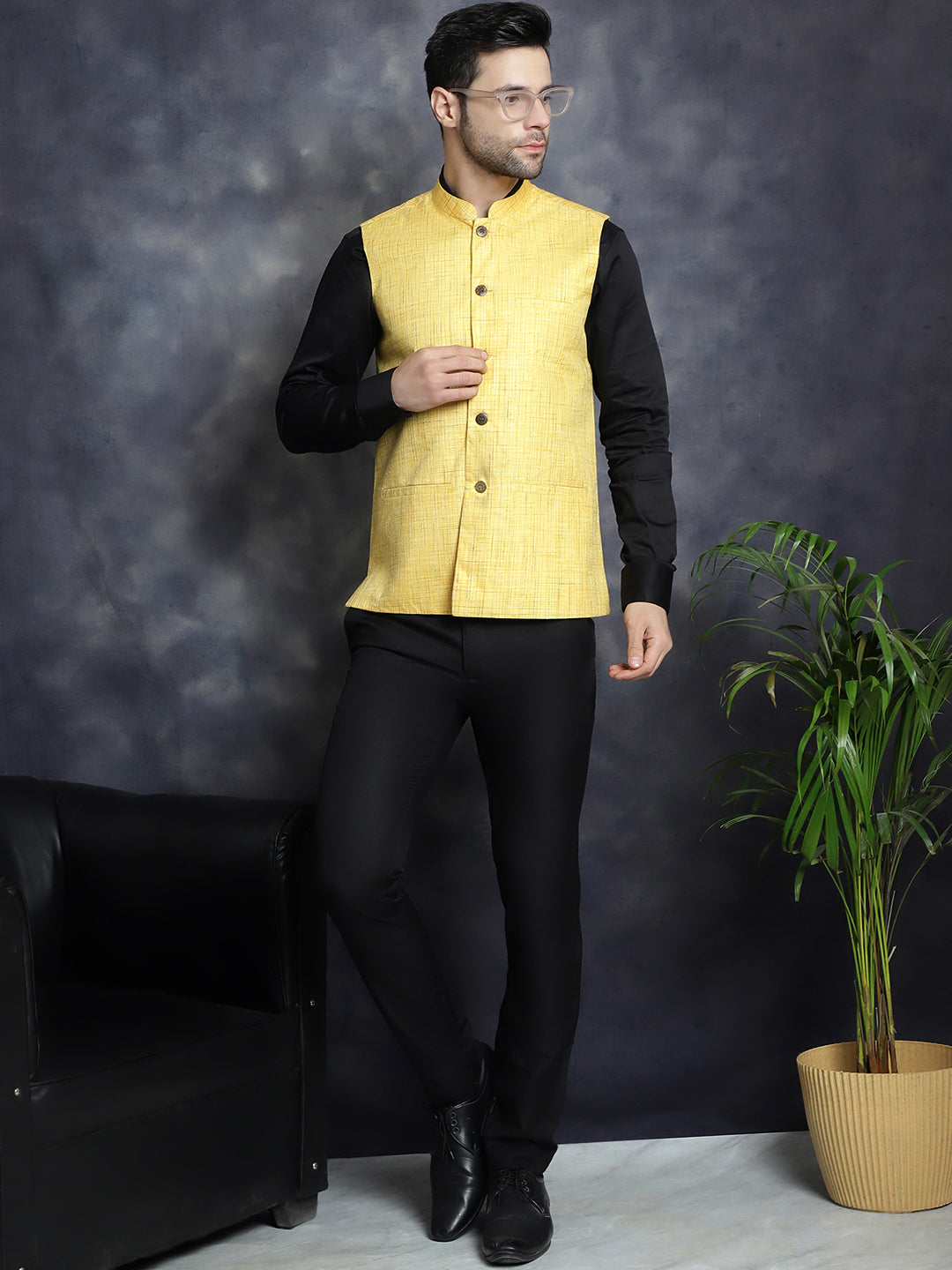 Men's Woven Design Nehru Jacket - Taantav