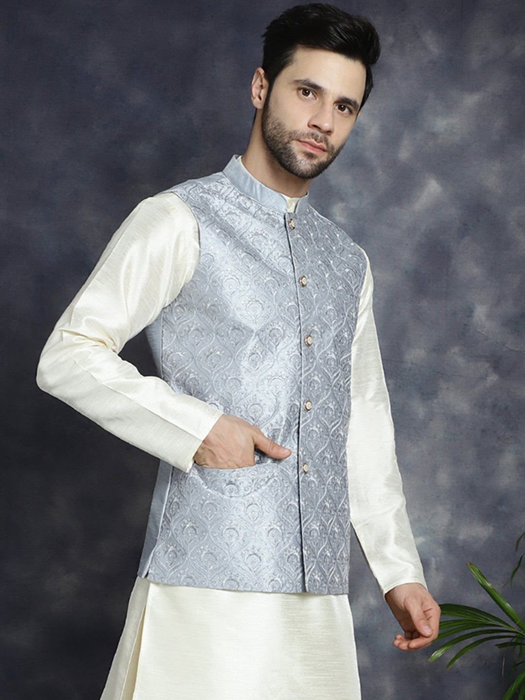 Men's Sequins and Embroidered Nehru Jacket - Taantav