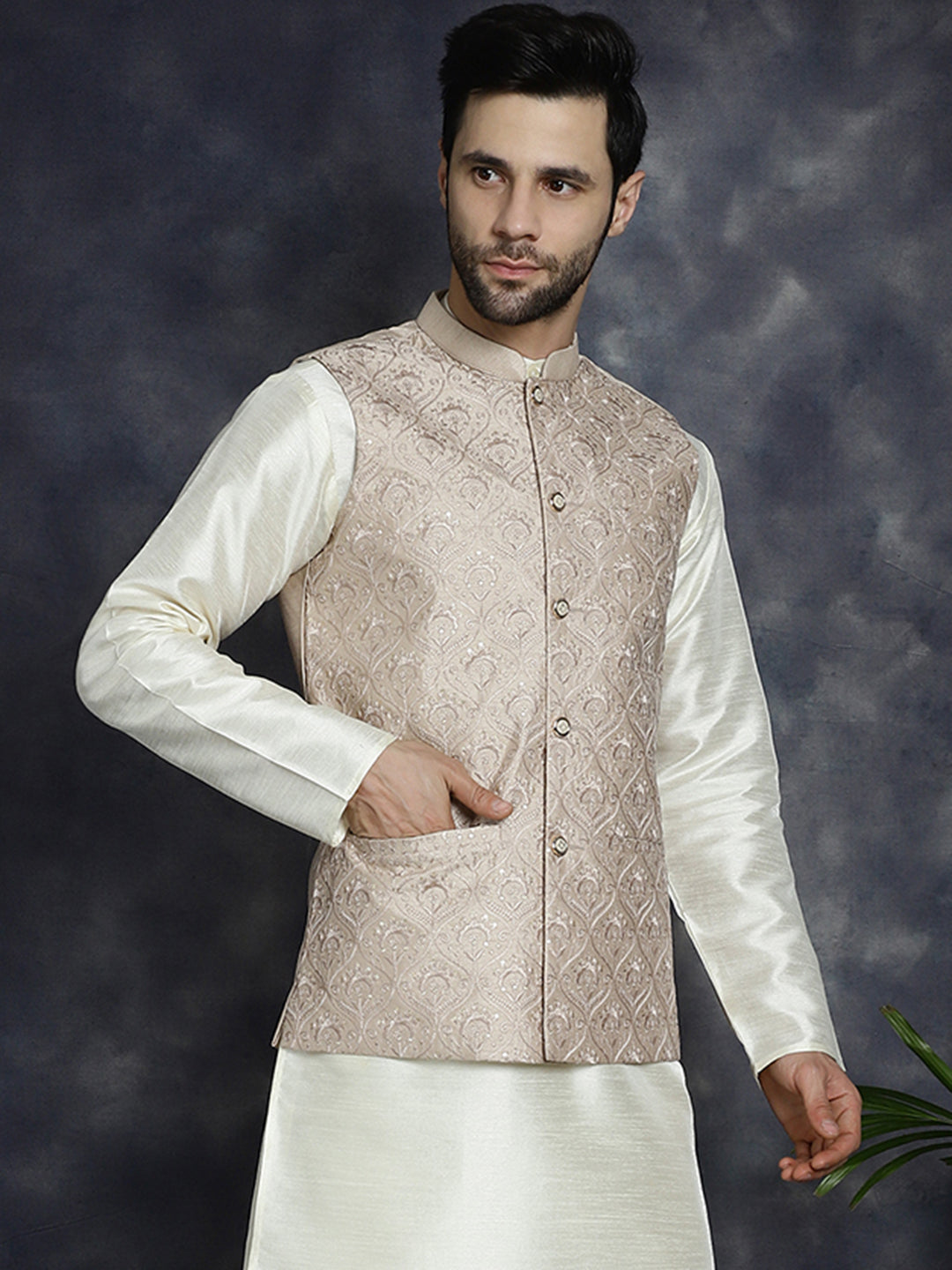 Men's Sequins and Embroidered Nehru Jacket - Taantav