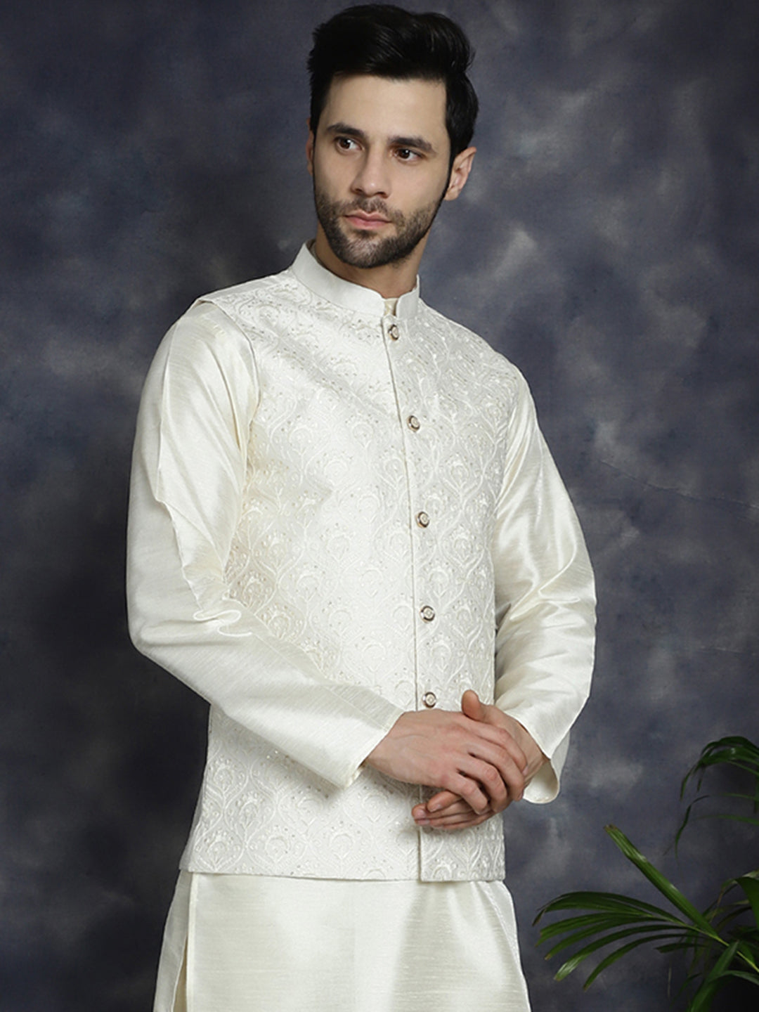 Men's Sequins and Embroidered Nehru Jacket - Taantav