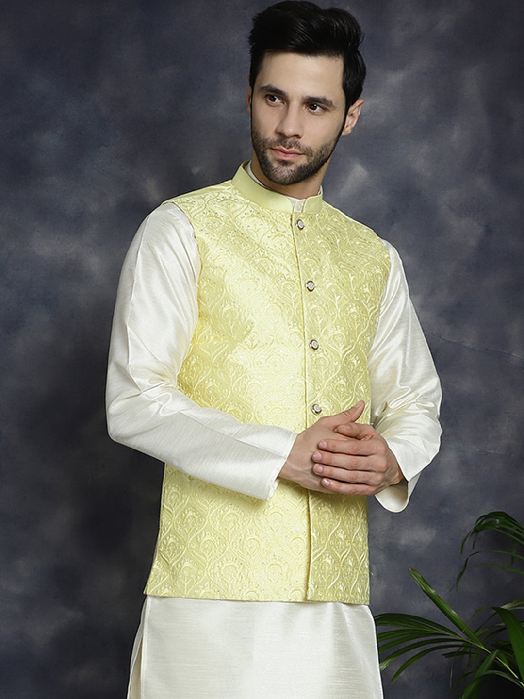 Men's Sequins and Embroidered Nehru Jacket - Taantav