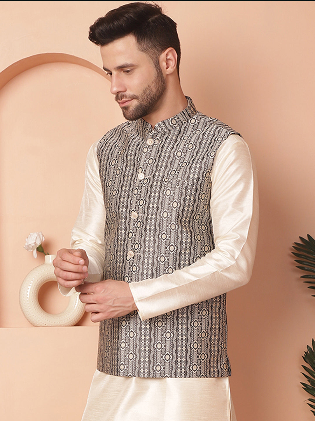 Men's Woven Design Nehru Jacket - Taantav