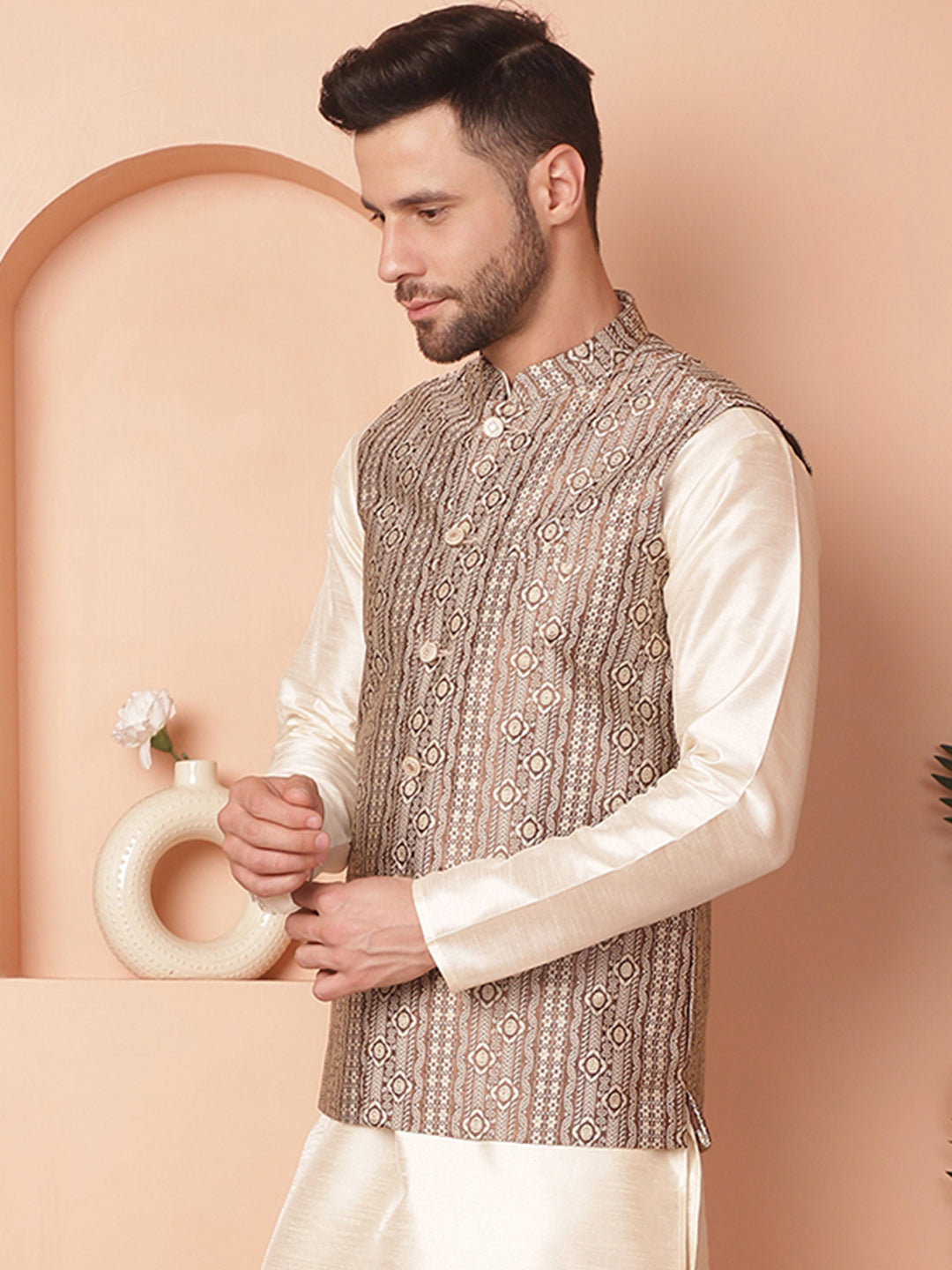 Men's Woven Design Nehru Jacket - Taantav