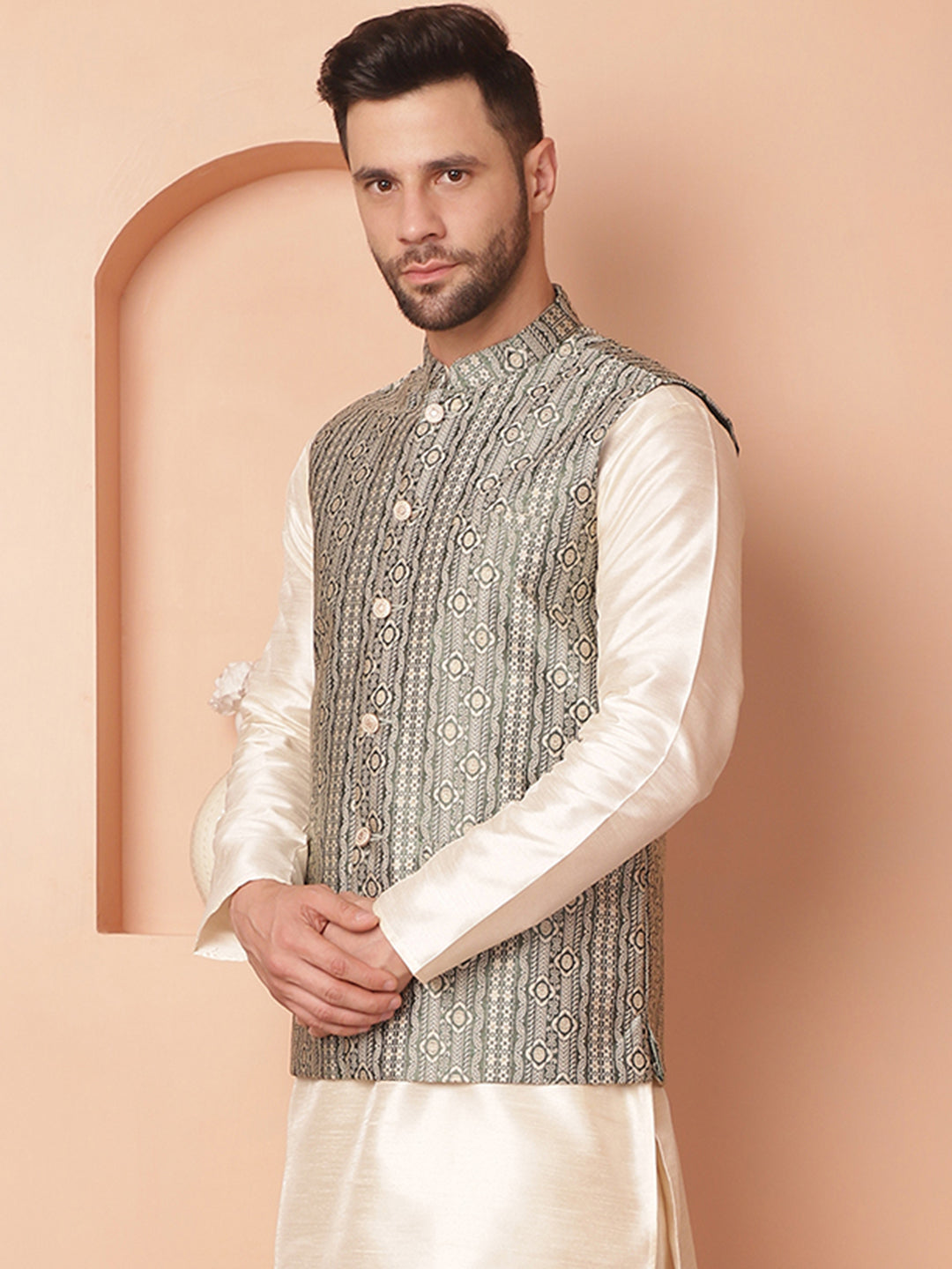 Men's Woven Design Nehru Jacket - Taantav