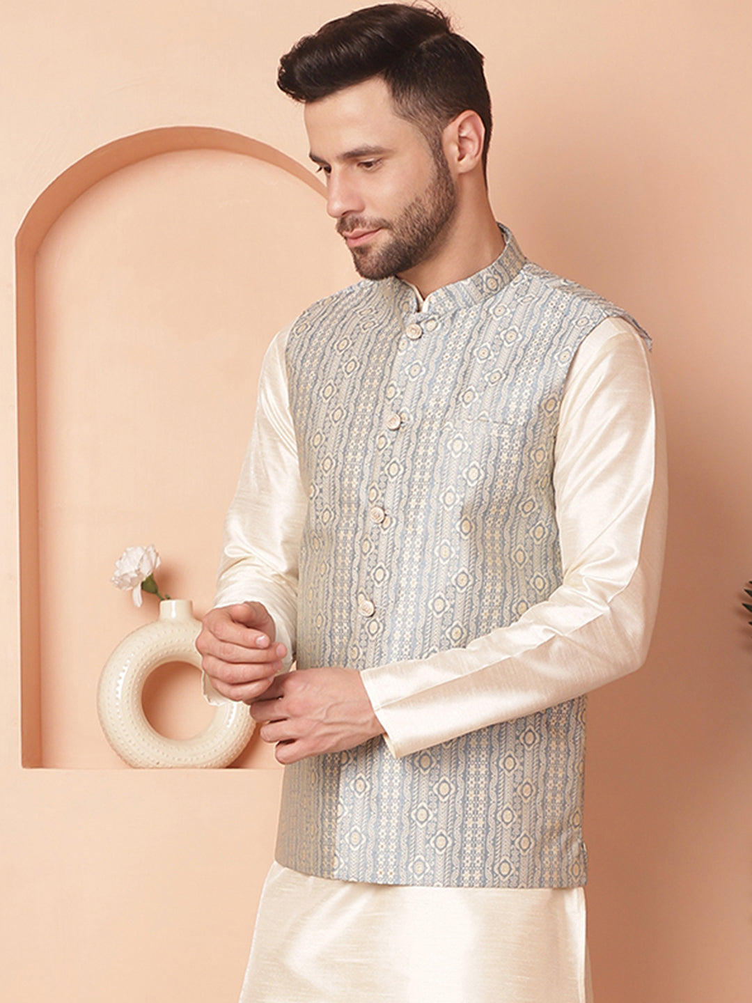 Men's Woven Design Nehru Jacket - Taantav