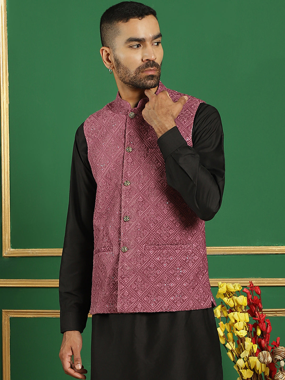 Men's Sequins Velvet Nehru Jacket - Taantav