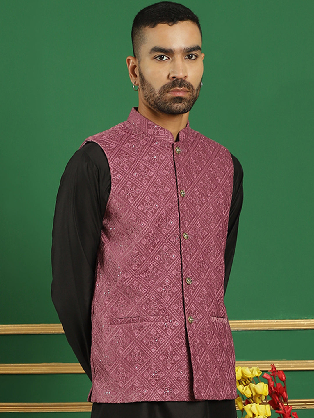 Men's Sequins Velvet Nehru Jacket - Taantav